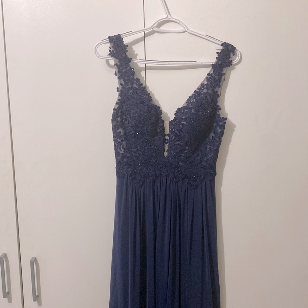 Sherri Hill Navy blue lace and rhinestone embellished bodice with low back gown